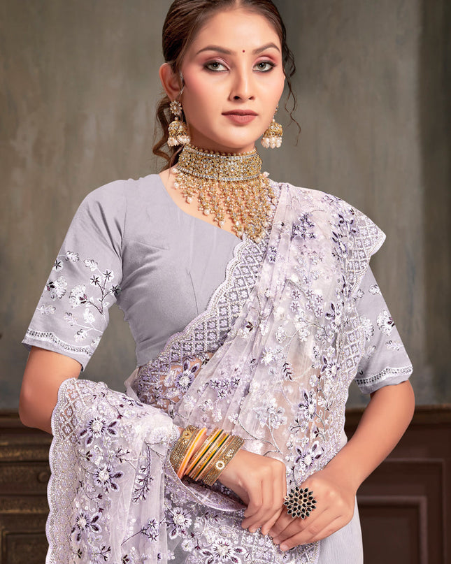 Lavender Net Resham Embroidered Saree
