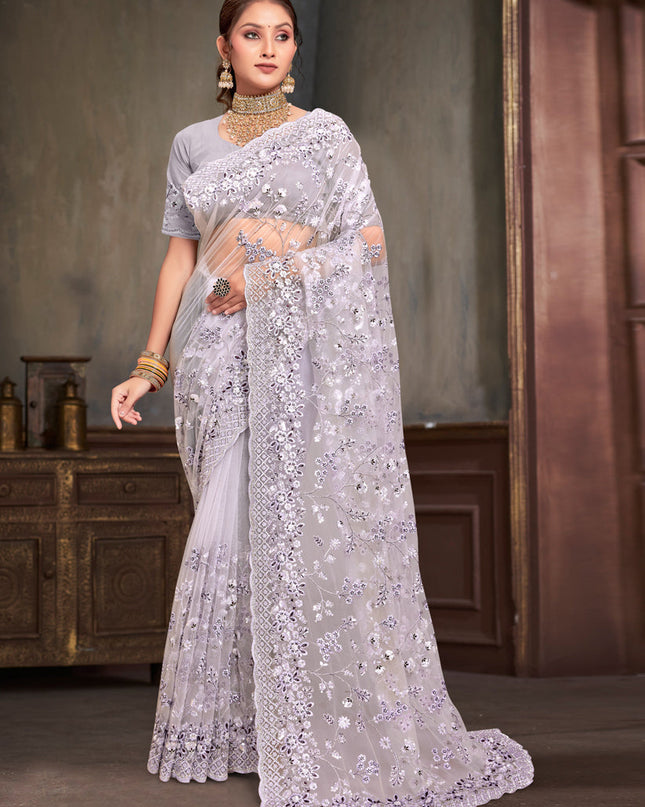 Lavender Net Resham Embroidered Saree