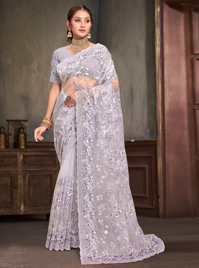 Lavender Net Resham Embroidered Saree