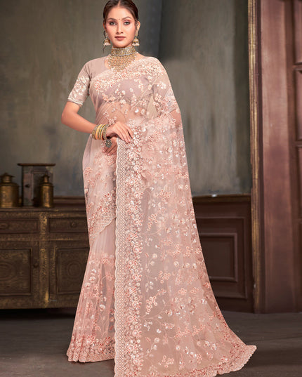 Blush Peach Net Resham Embroidered Saree