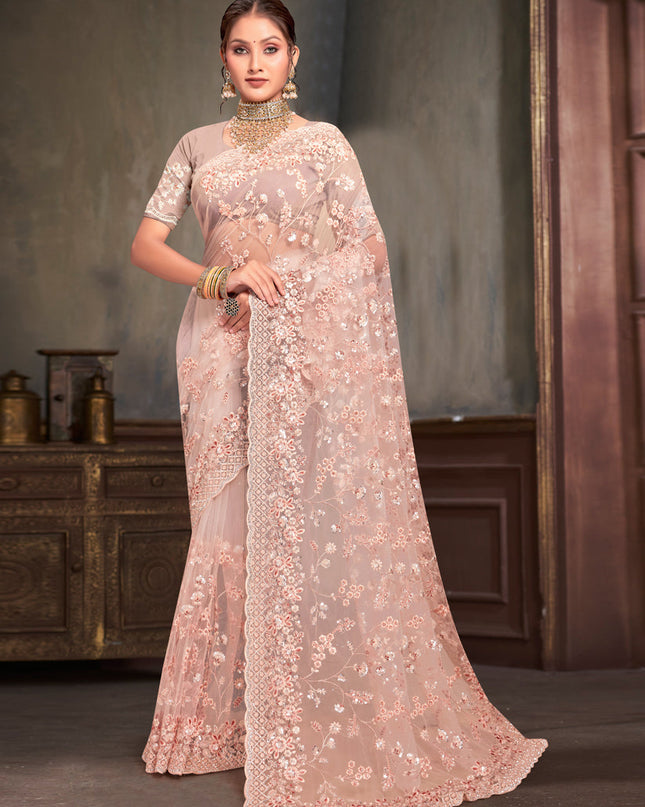 Blush Peach Net Resham Embroidered Saree