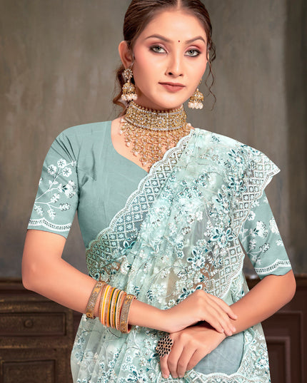 Ice Blue Net Resham Embroidered Saree