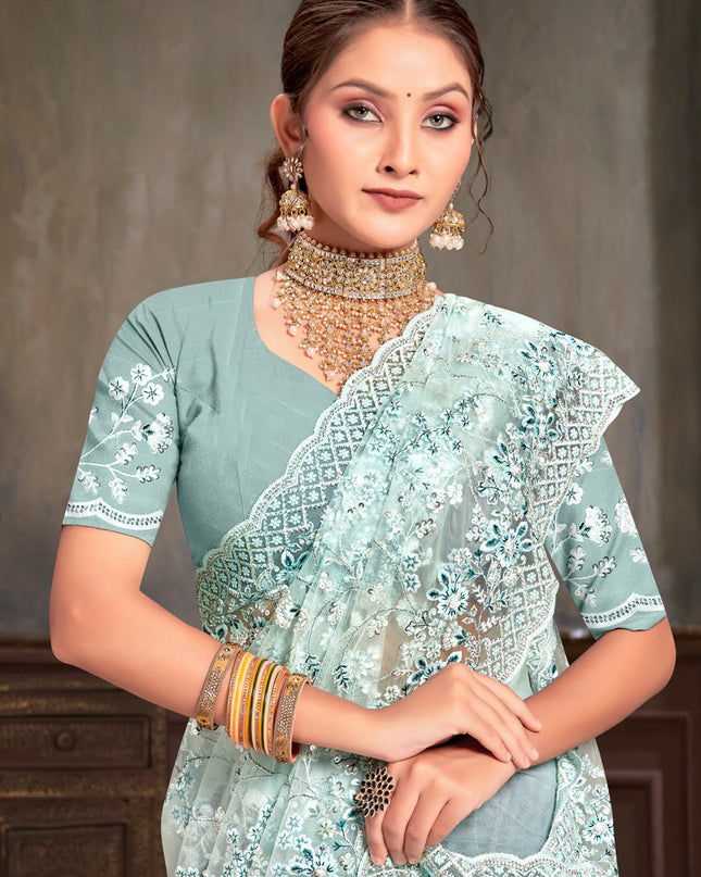 Ice Blue Net Resham Embroidered Saree