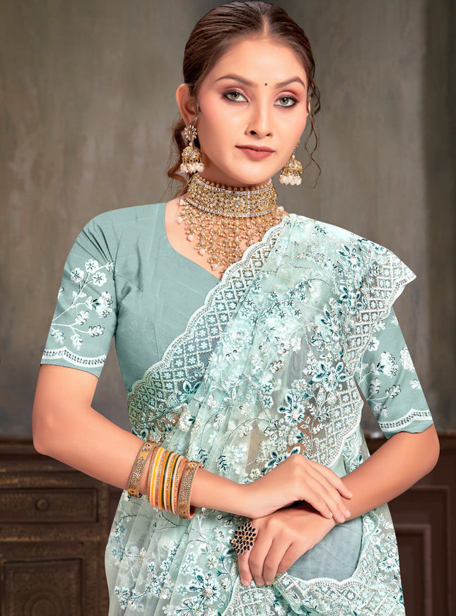 Ice Blue Net Resham Embroidered Saree