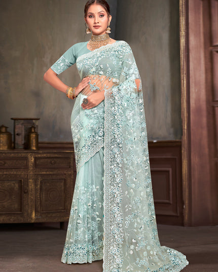 Ice Blue Net Resham Embroidered Saree