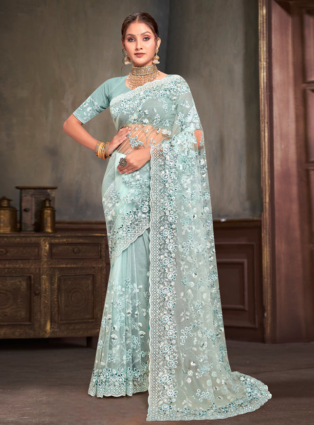 Ice Blue Net Resham Embroidered Saree