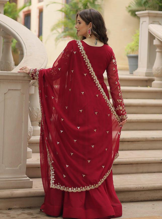 Maroon Faux Georgette Embroidered Gown with Dupatta