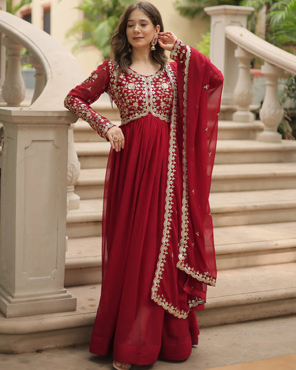 Maroon Faux Georgette Embroidered Gown with Dupatta