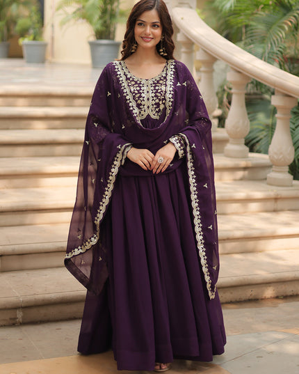 Burgundy Faux Georgette Embroidered Gown with Dupatta