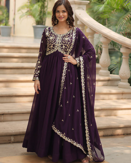 Burgundy Faux Georgette Embroidered Gown with Dupatta