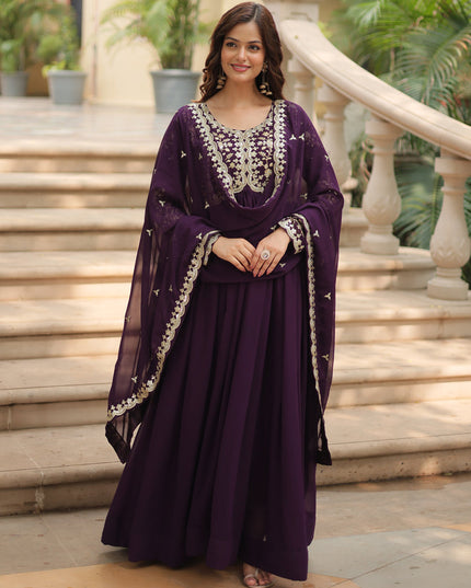 Burgundy Faux Georgette Embroidered Gown with Dupatta