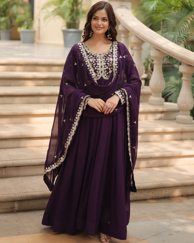 Burgundy Faux Georgette Embroidered Gown with Dupatta
