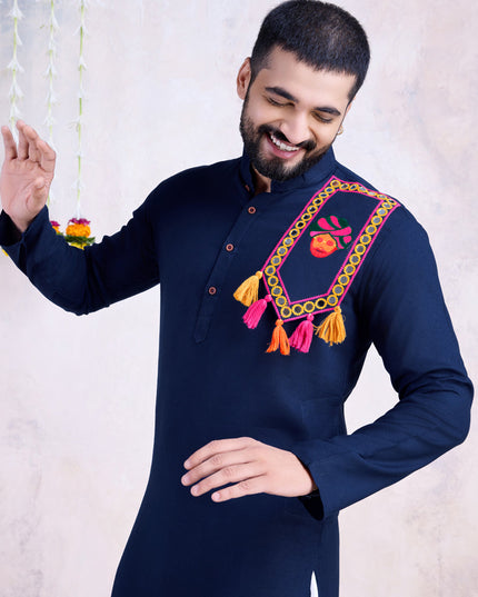 Navy Blue Rayon Gamthi Work Navratri Special Kurta