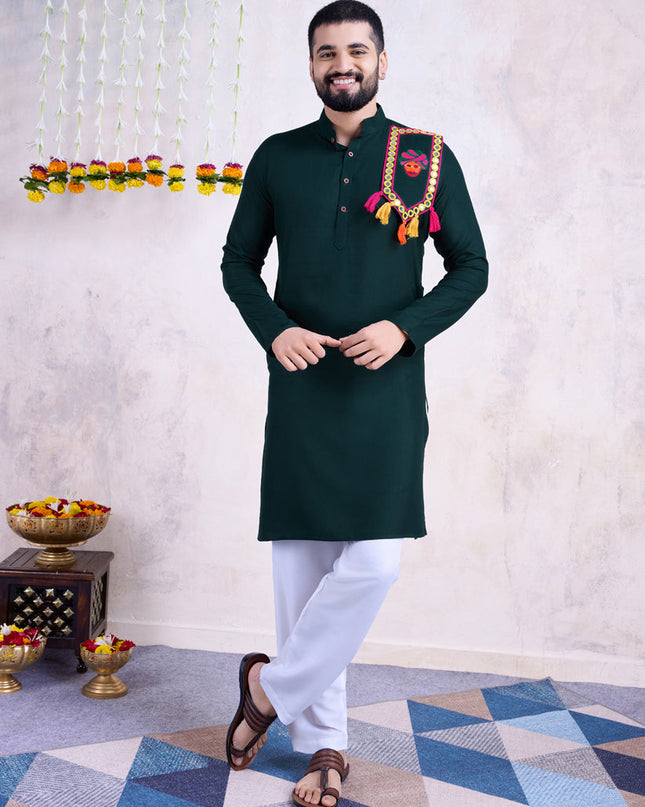 Bottle Green Rayon Gamthi Work Navratri Special Kurta