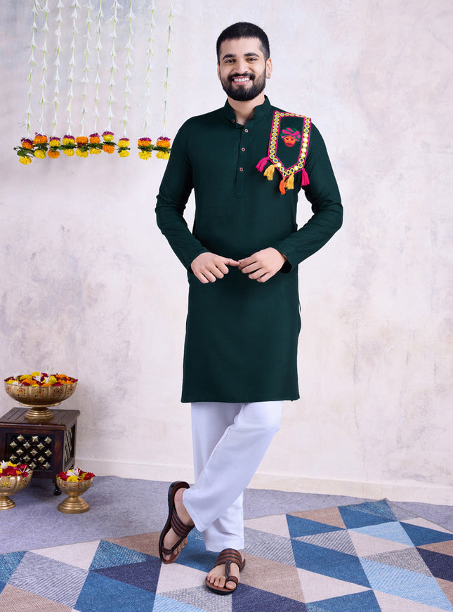 Bottle Green Rayon Gamthi Work Navratri Special Kurta