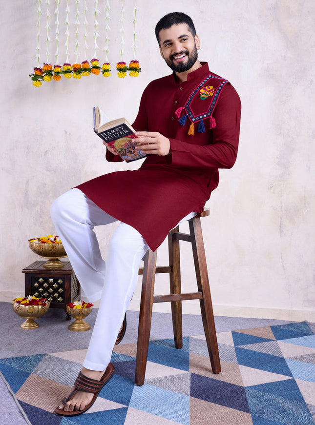 Maroon Rayon Gamthi Work Navratri Special Kurta