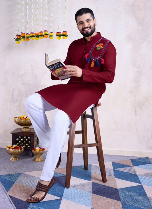 Maroon Rayon Gamthi Work Navratri Special Kurta