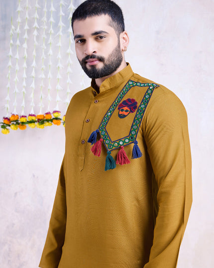 Mustard Yellow Rayon Gamthi Work Navratri Special Kurta