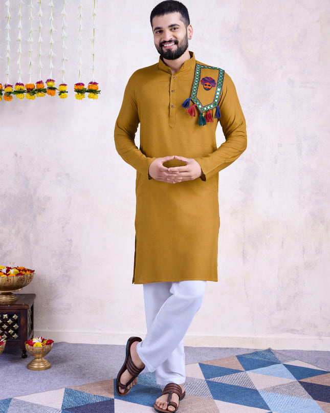 Mustard Yellow Rayon Gamthi Work Navratri Special Kurta
