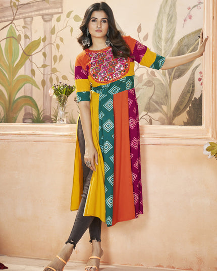 Multicolor Rayon Gamthi Work Festival Kurti