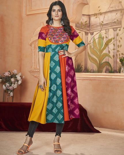 Multicolor Rayon Gamthi Work Festival Kurti