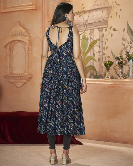 Midnight Blue Rayon Gamthi Work Festival Kurti