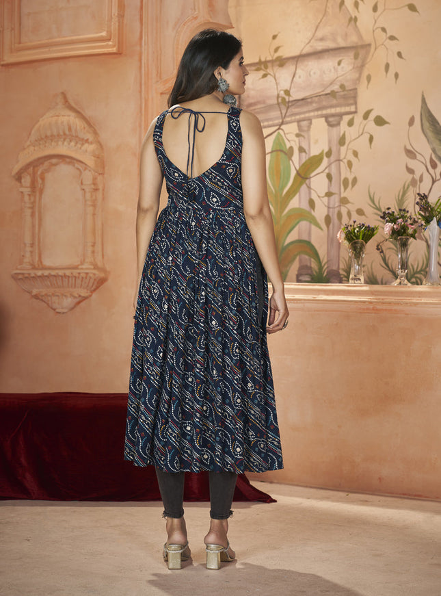 Midnight Blue Rayon Gamthi Work Festival Kurti