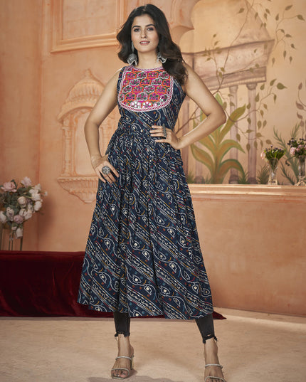 Midnight Blue Rayon Gamthi Work Festival Kurti