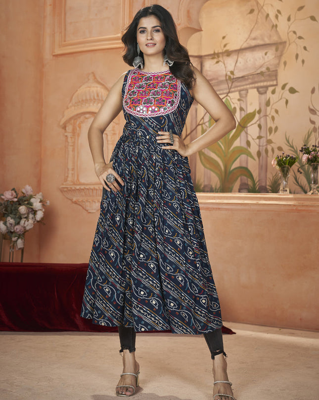 Midnight Blue Rayon Gamthi Work Festival Kurti