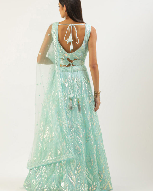 Ice Blue Net Embroidered Designer Lehenga Choli