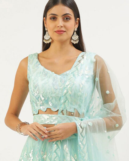Ice Blue Net Embroidered Designer Lehenga Choli