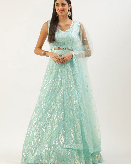Ice Blue Net Embroidered Designer Lehenga Choli