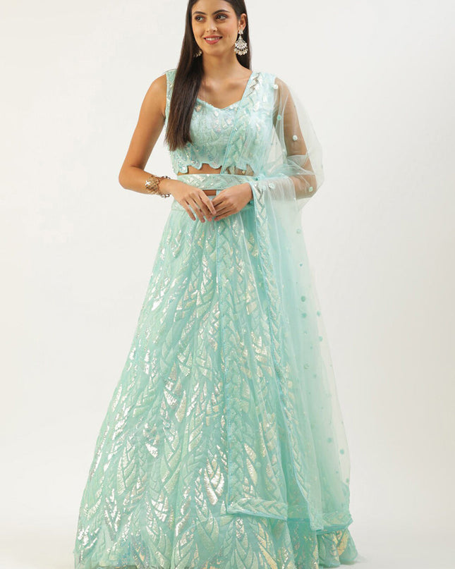 Ice Blue Net Embroidered Designer Lehenga Choli