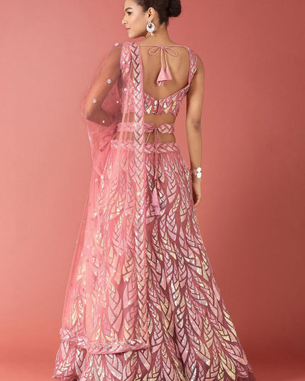 Carnation Pink Net Embroidered Designer Lehenga Choli