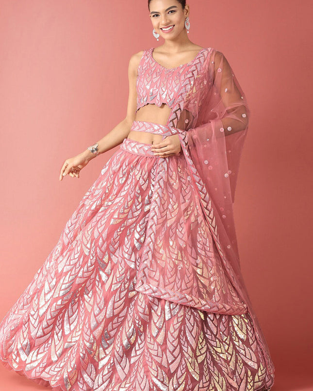Carnation Pink Net Embroidered Designer Lehenga Choli