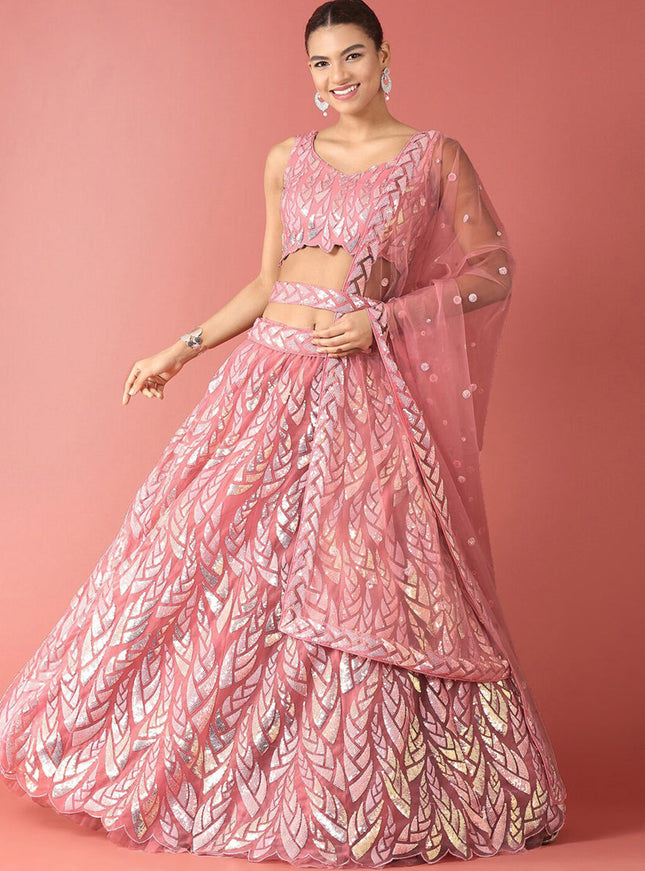 Carnation Pink Net Embroidered Designer Lehenga Choli