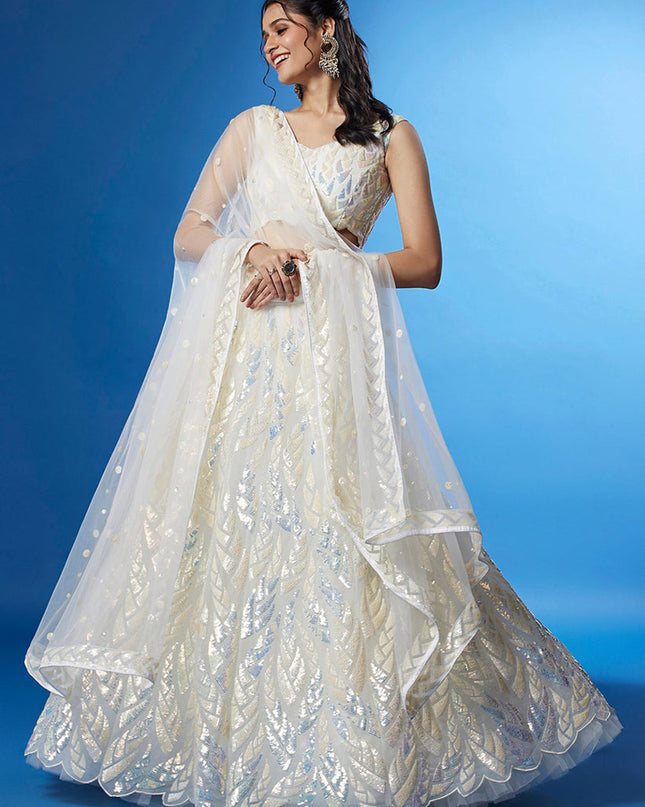 Pearl White Net Embroidered Designer Lehenga Choli