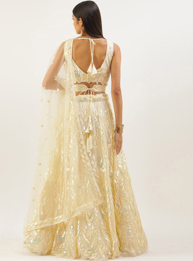 Pastel Yellow Net Embroidered Designer Lehenga Choli