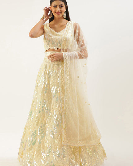 Pastel Yellow Net Embroidered Designer Lehenga Choli