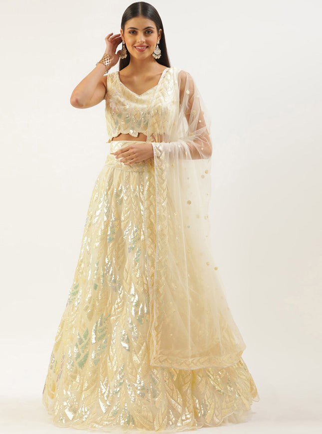 Pastel Yellow Net Embroidered Designer Lehenga Choli