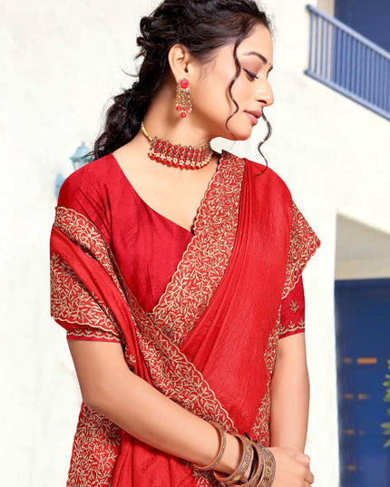 Candy Red Art Silk Embroidered Festival Saree