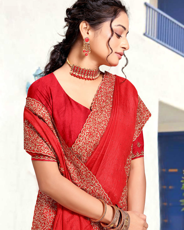 Candy Red Art Silk Embroidered Festival Saree