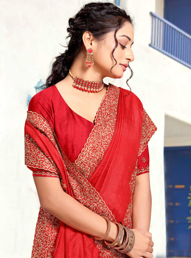 Candy Red Art Silk Embroidered Festival Saree