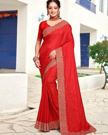 Candy Red Art Silk Embroidered Festival Saree