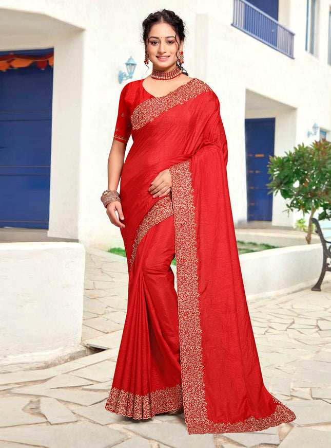 Candy Red Art Silk Embroidered Festival Saree