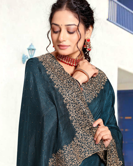 Prussian Blue Art Silk Embroidered Festival Saree