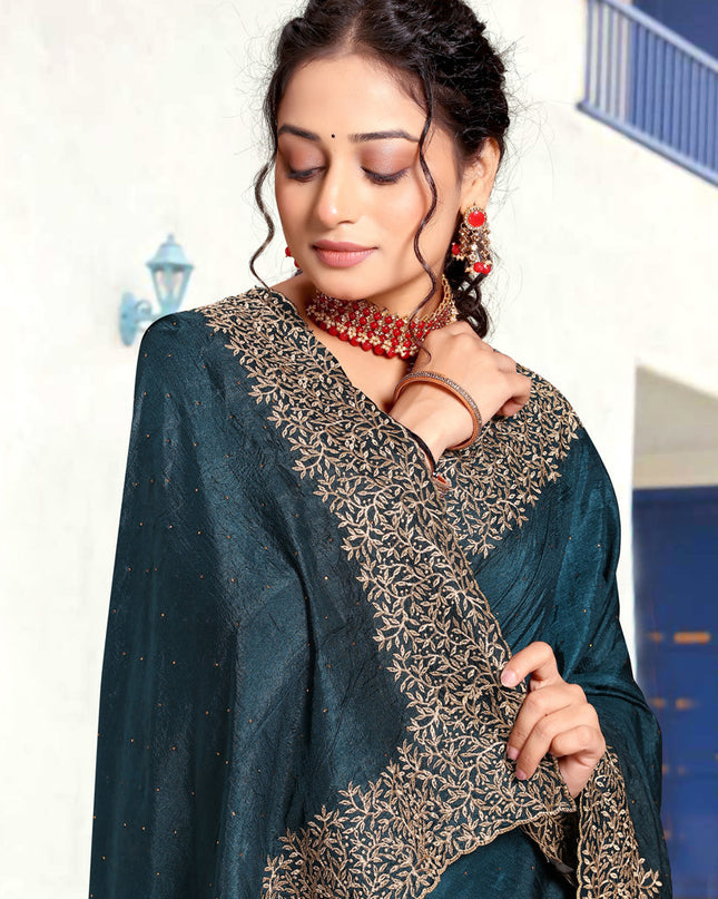 Prussian Blue Art Silk Embroidered Festival Saree