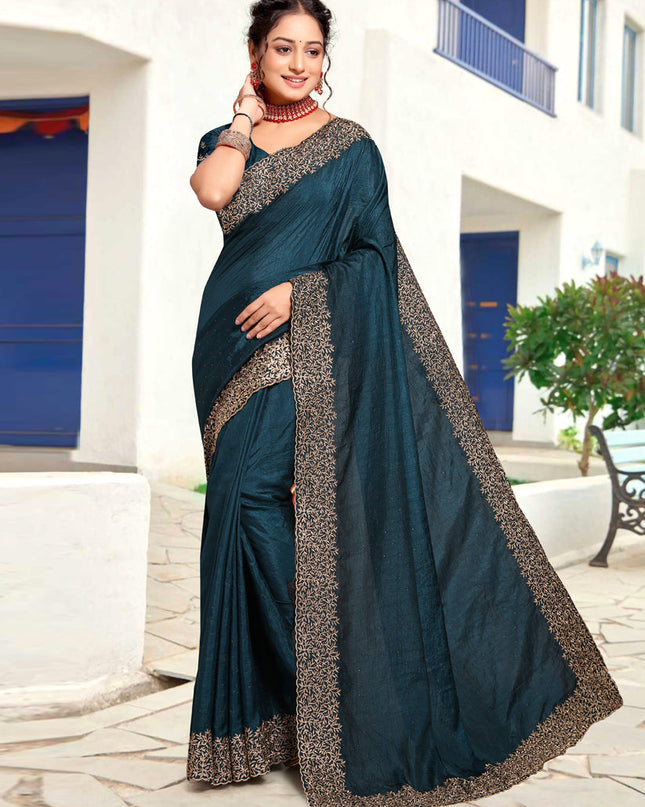 Prussian Blue Art Silk Embroidered Festival Saree
