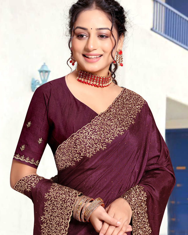 Burgundy Art Silk Embroidered Festival Saree