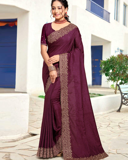 Burgundy Art Silk Embroidered Festival Saree
